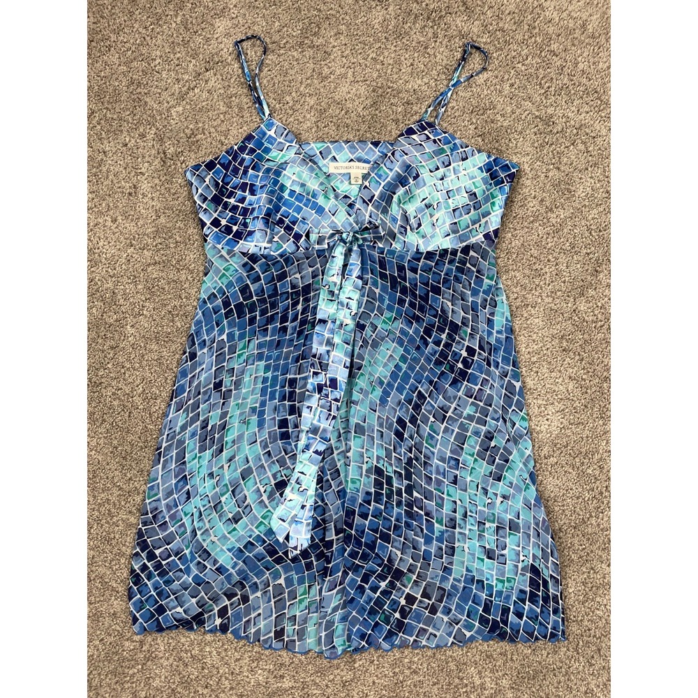 Vintage Victorias Secret Tank Top Womens Medium Blue Satin Sheer Babydoll Y2K